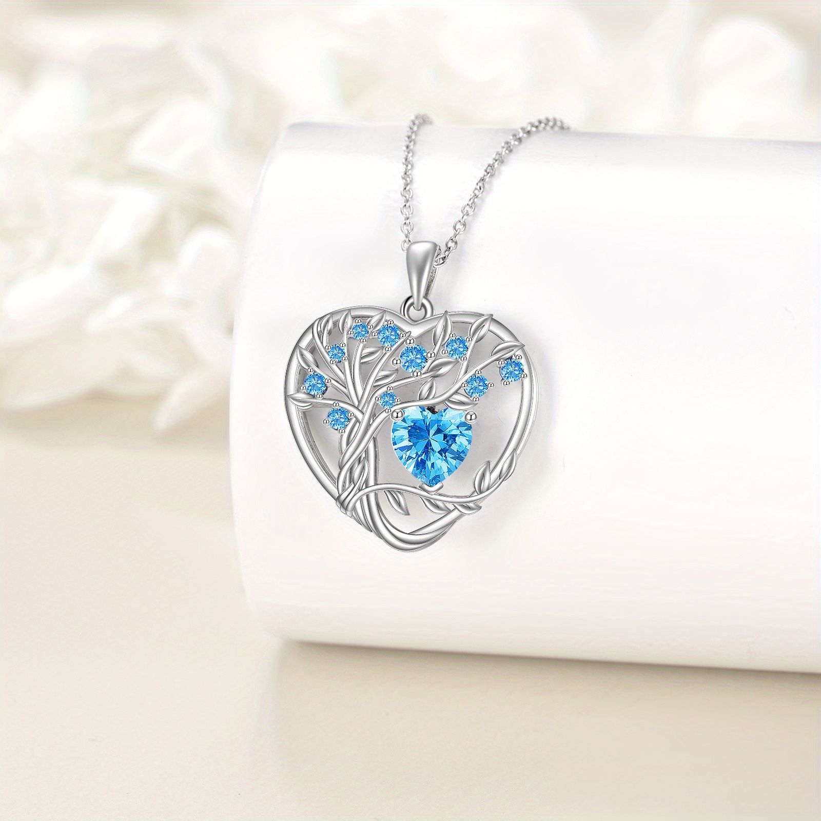 Women's Tree of Life Necklace with Light Blue Birthstone Pendant